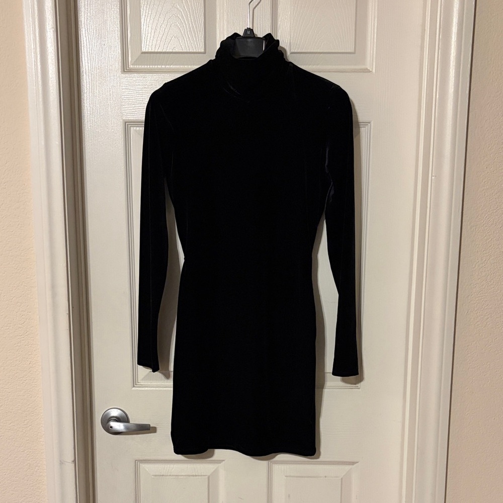 naked wardrobe Black Velvet High-Neck Long Sleeve Dress